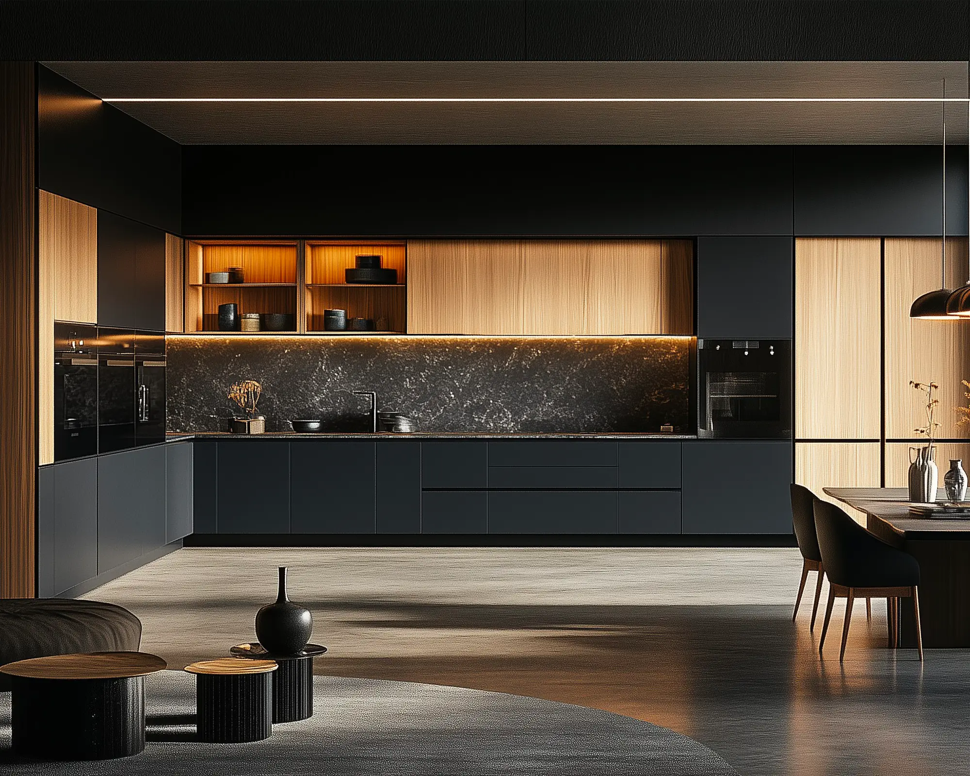 fresia interios black and White oak kitchen