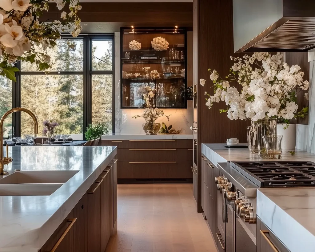 fresia interior dark grey kitchen with brushed bronze hardware