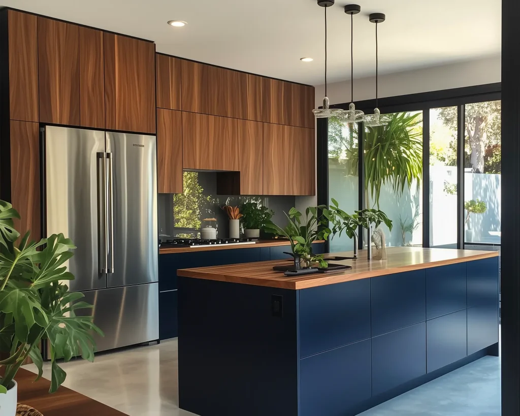 fresia interios walnut and navy blue flat panel