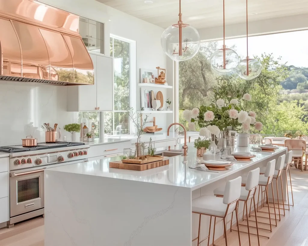 fresia interior white cabinets with rose gold hardware
