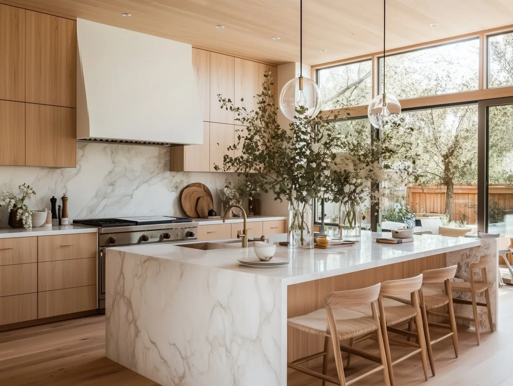 white marble and white oaks cabinets